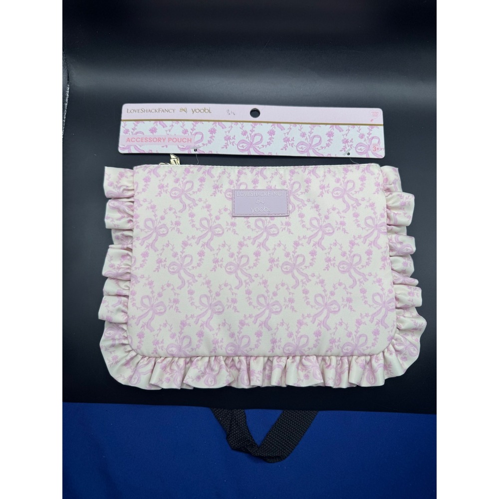 LoveShackFancy x Yoobi Accessory Pouch Pink Bow Floral Ruffle Makeup Bag NWT